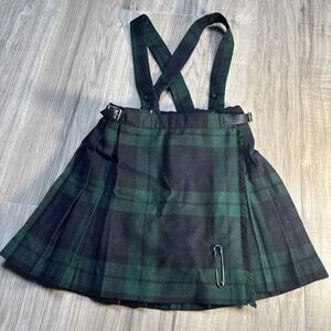 Vintage O'Neil of Dublin Girls Green Plaid Wool Kilt Skirt Suspenders Size 4-5